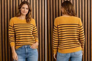 Mustard Yellow Striped Sweater Women’s Large Navy Knit Cottagecore Cozy Pullover